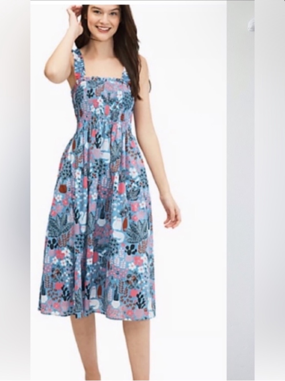 Kate Spade Garden Posy cat cactus smoked dress Large NWOT L midi